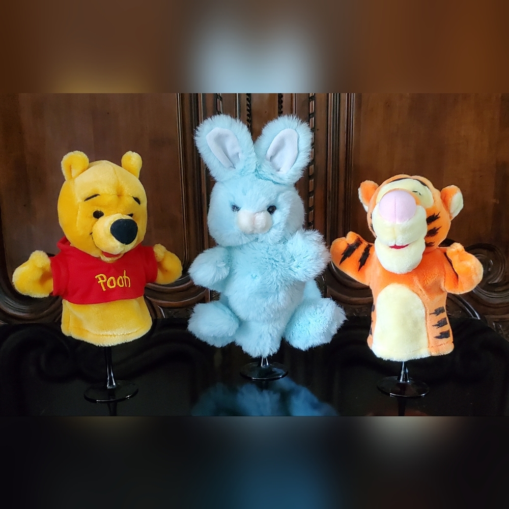 (3)Plush Hand Puppets Pooh, Tigger & Soft Blue Bunny